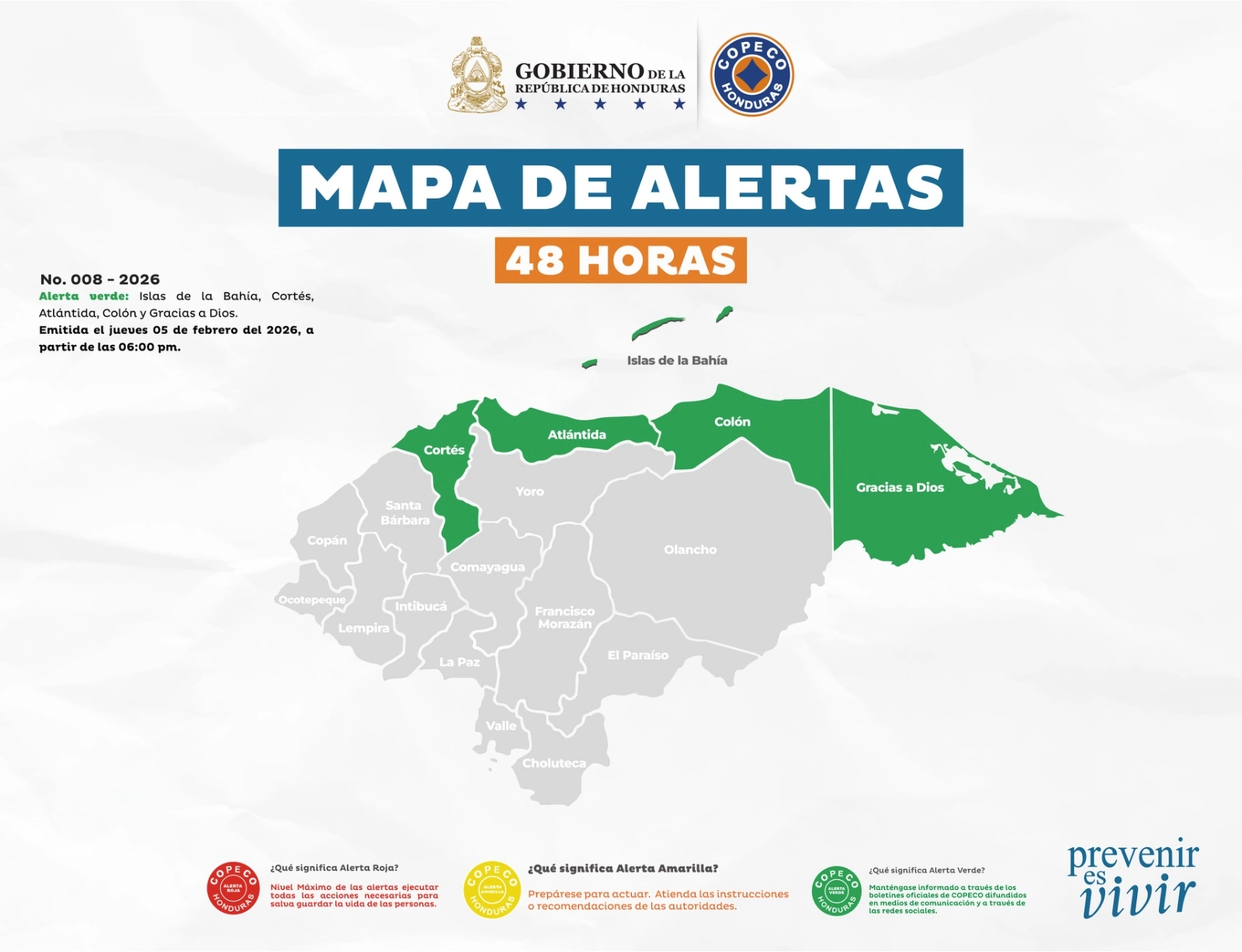 Mapa de Honduras con los departamentos en alerta.