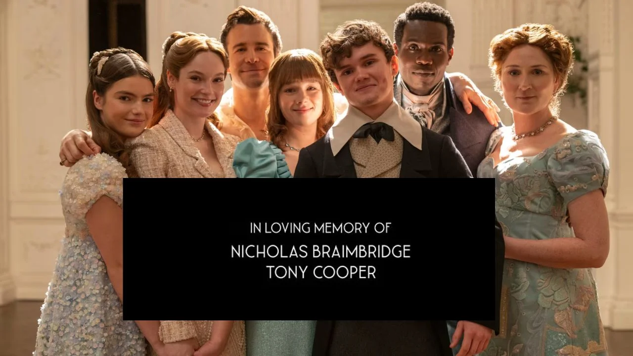 Elenco de Bridgerton y dedicatoria a Nicholas Braimbridge y Tony Cooper.
