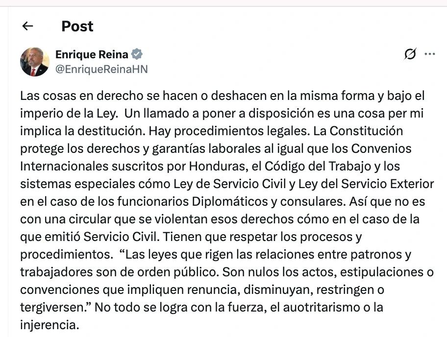 Declaraciones del excanciller Eduardo Enrique Reina.