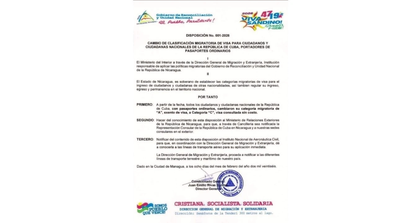 Comunicado emitido por las autoridades de Nicaragua.