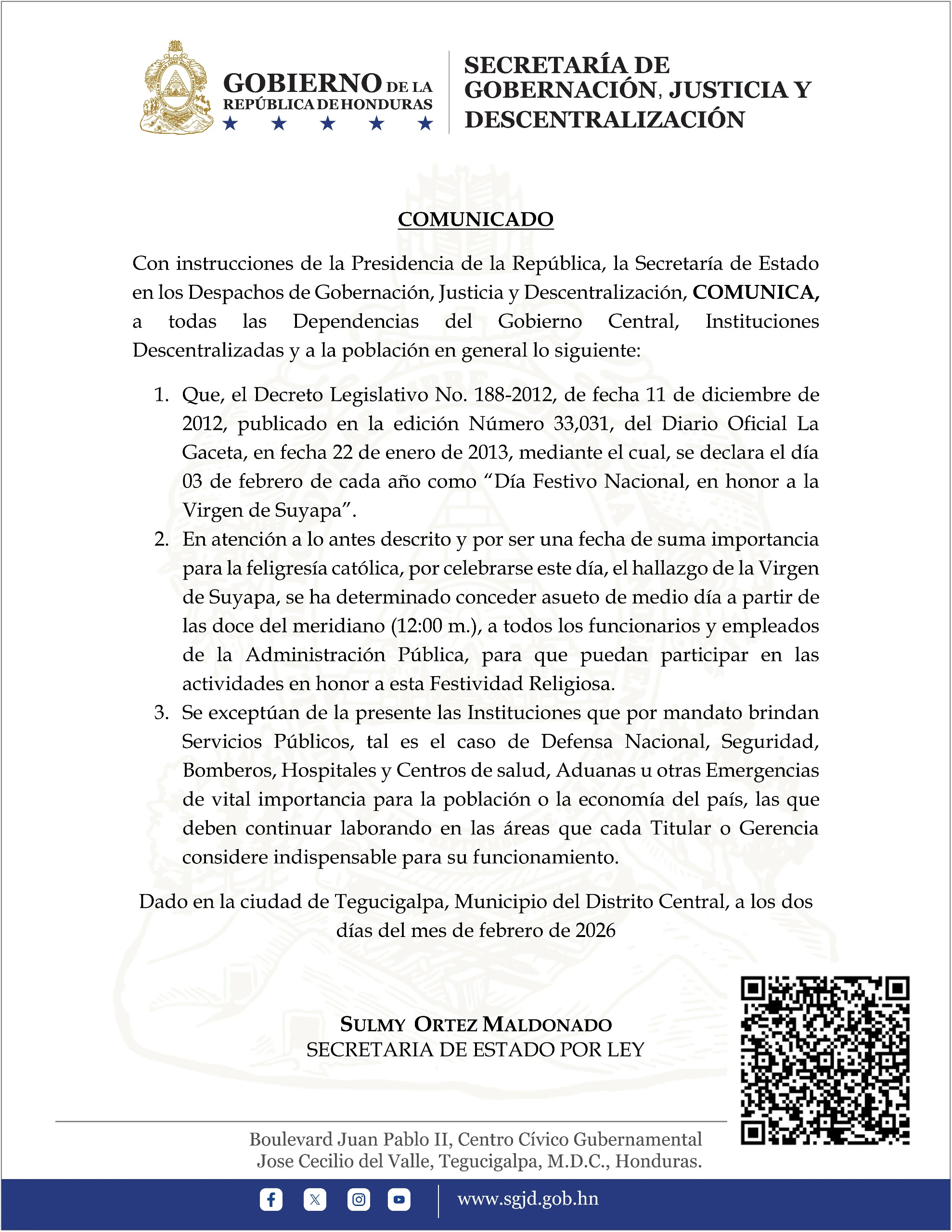 Comunicado emitido por el Gobierno.