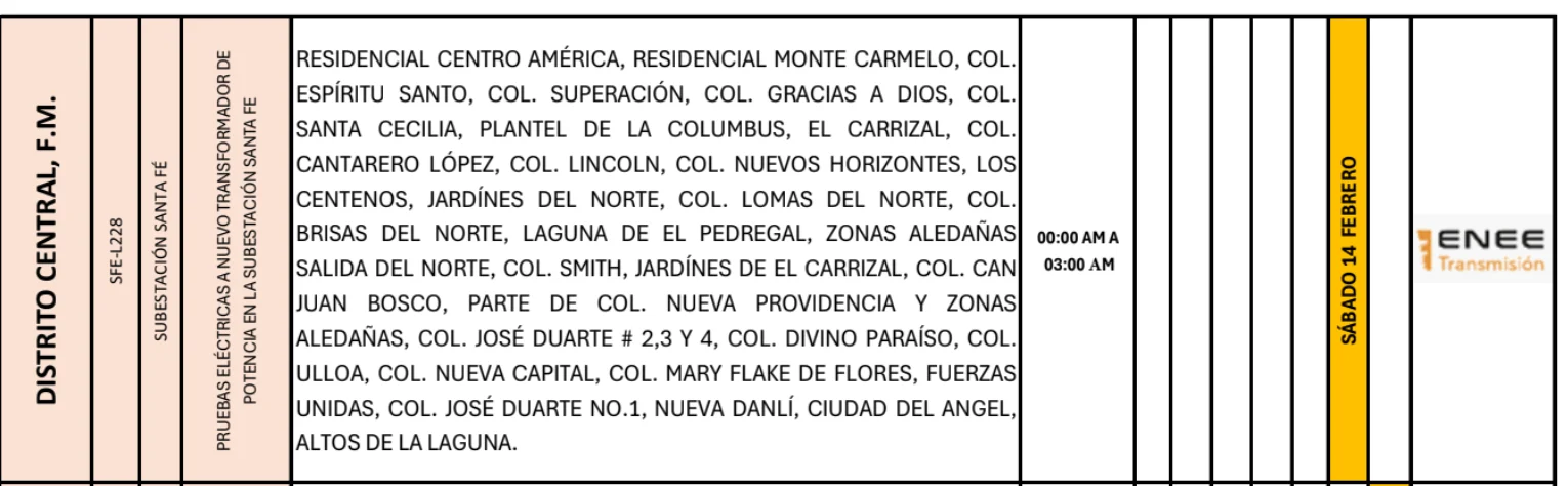 Foto de las Zonas de el Distrito Central serán afectadas por cortes de energía programados este sábado 14 de febrero de 2026, según la ENEE.
