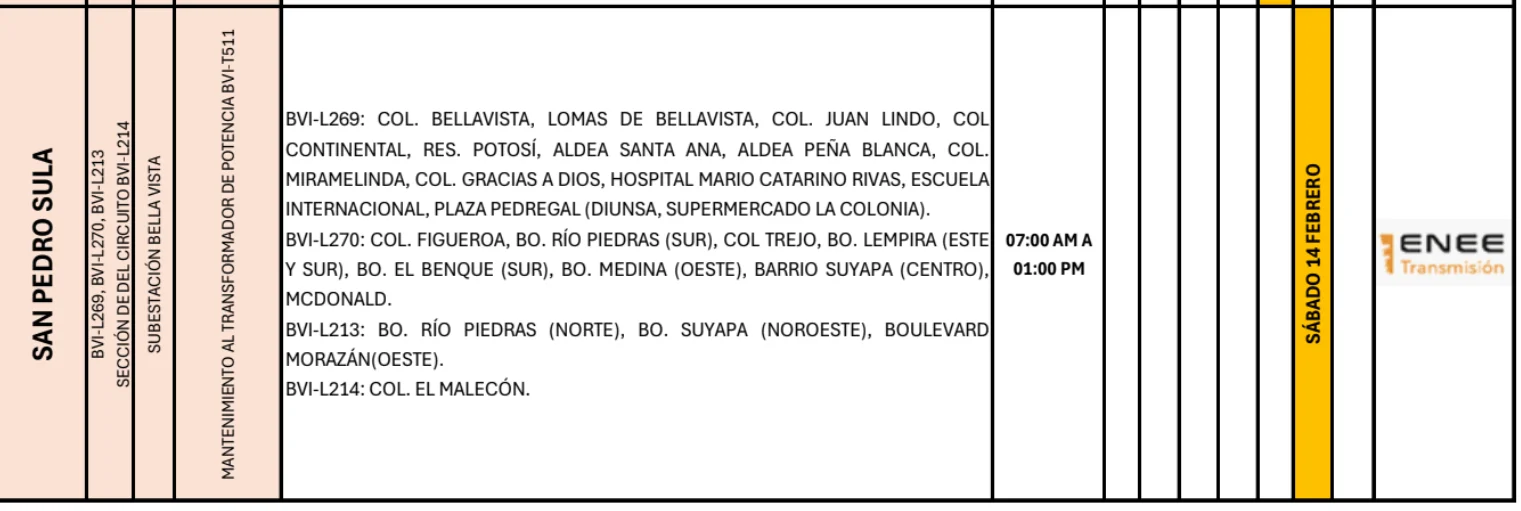foto de las Zonas de San Pedro Sula serán afectadas por cortes de energía programados este sábado 14 de febrero de 2026, según la ENEE.
