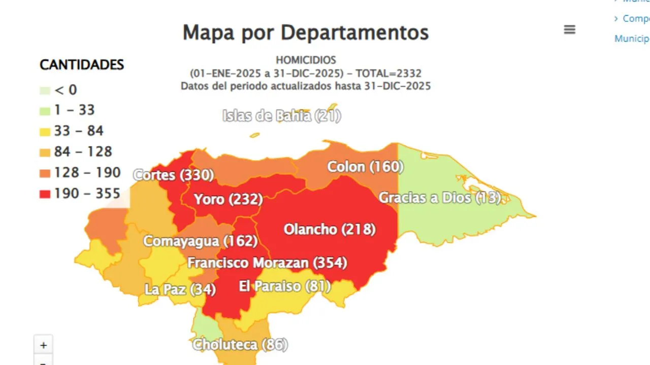 Mapa sobre los homicidios en Honduras en 2025.