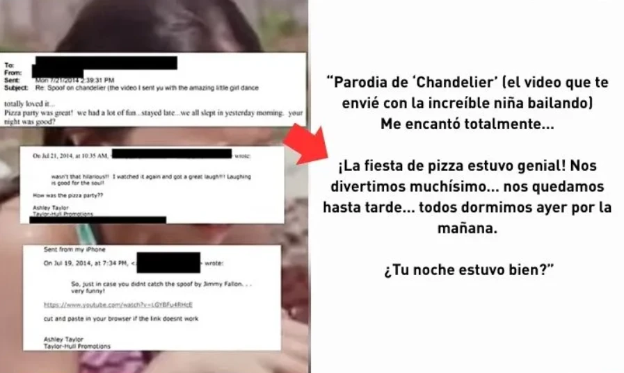 Captura de pantalla del email sobre el caso de Jeffrey Epstein donde se hace mención de una parodia de Chandelier, de Sia, que protagonizó Maddie Ziegler
