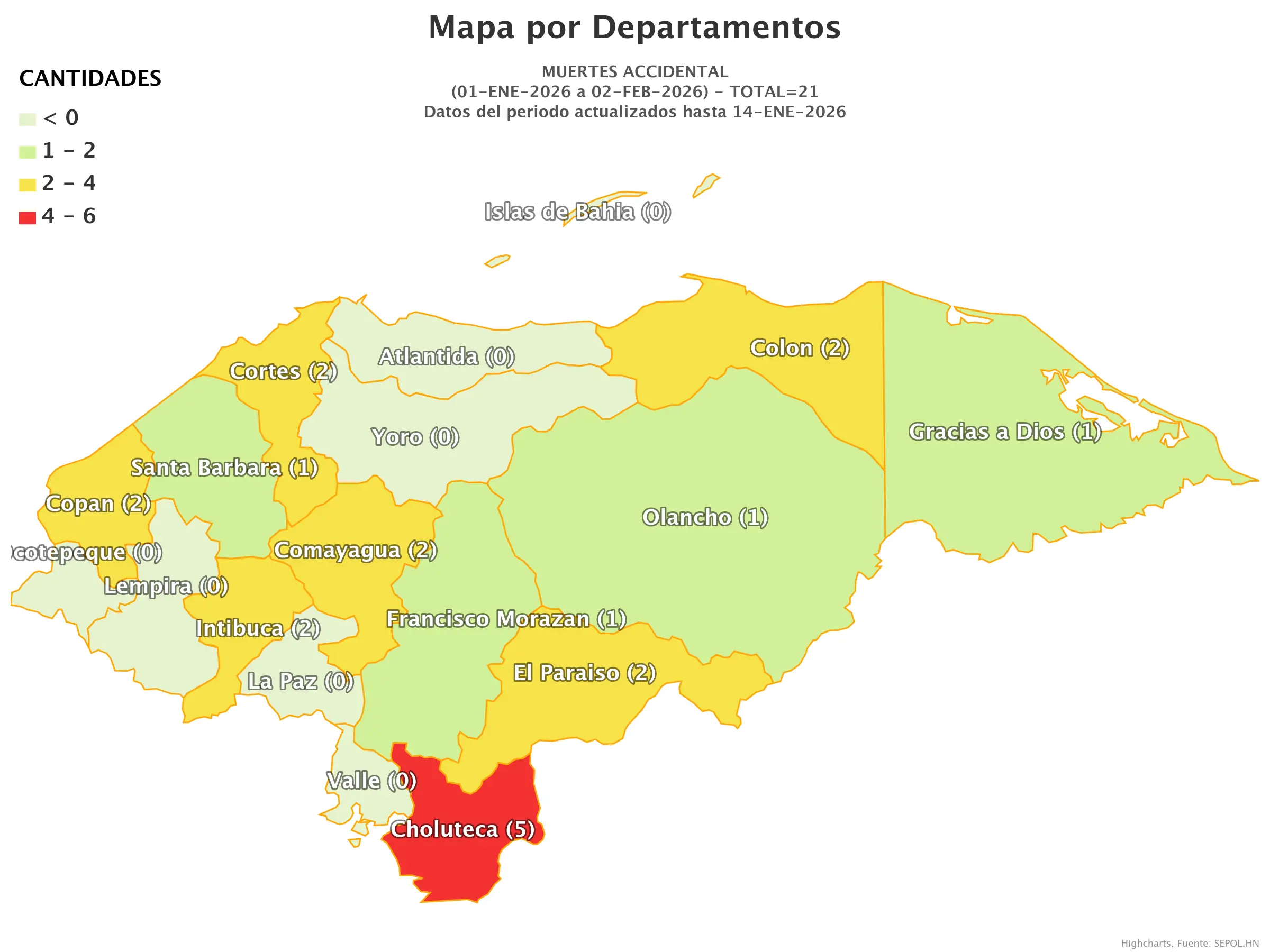 Mapa de muertes accidentales en Honduras