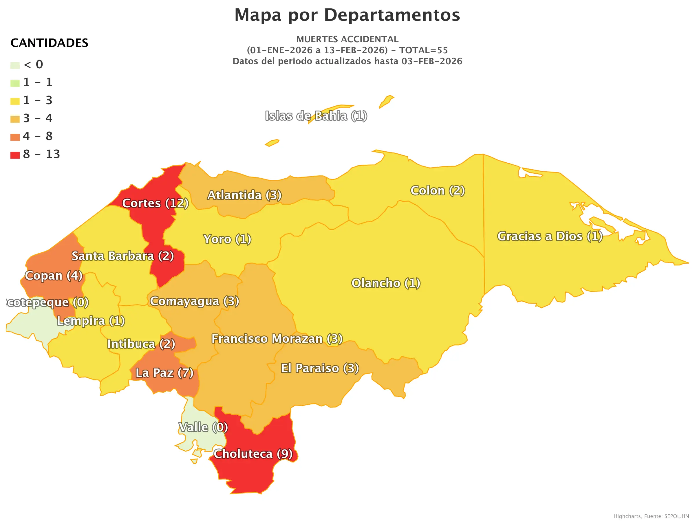 Mapa de muertes accidentales en Honduras