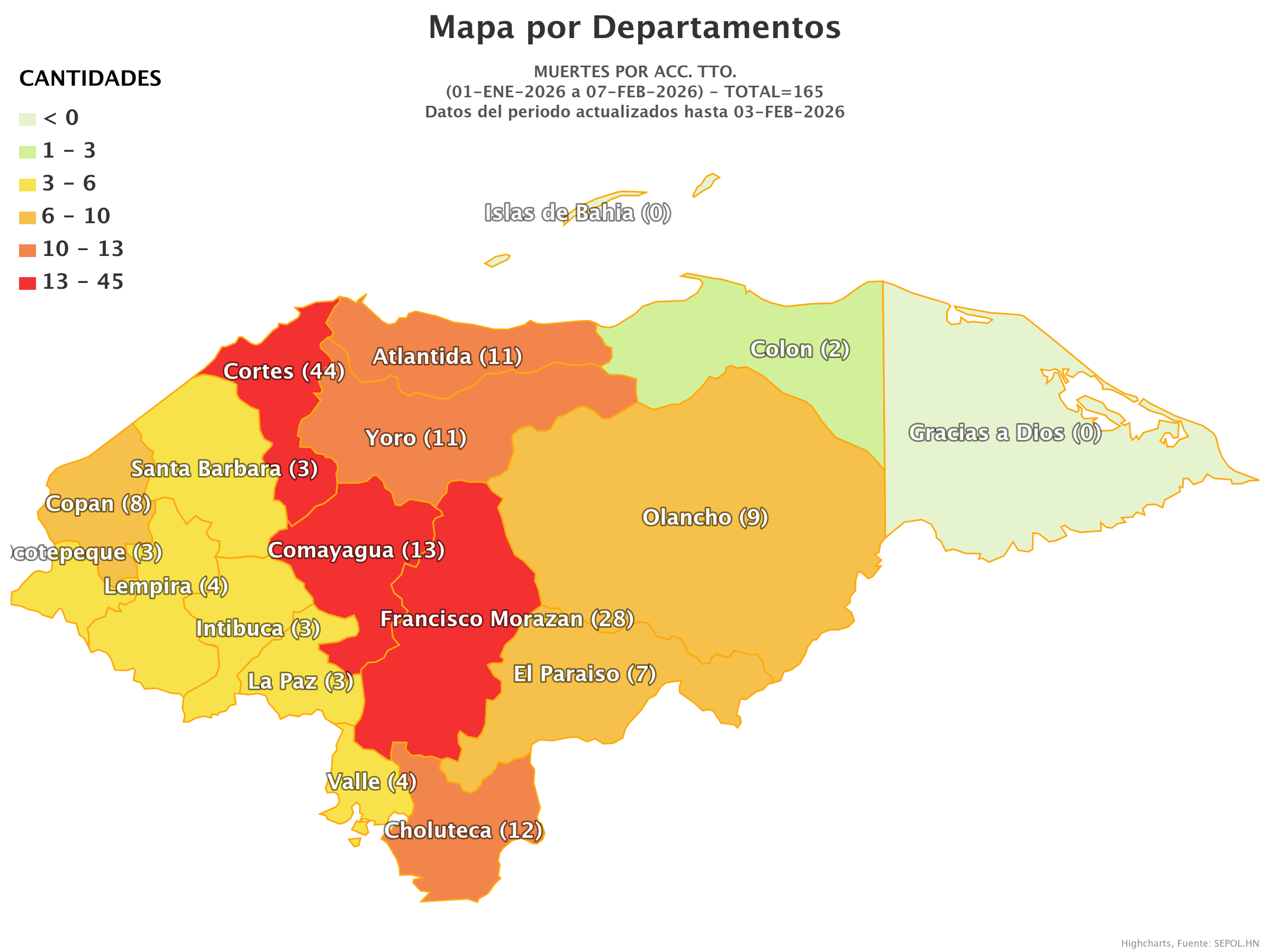 Mapa de muertes en accidentes de tránsito en Honduras.