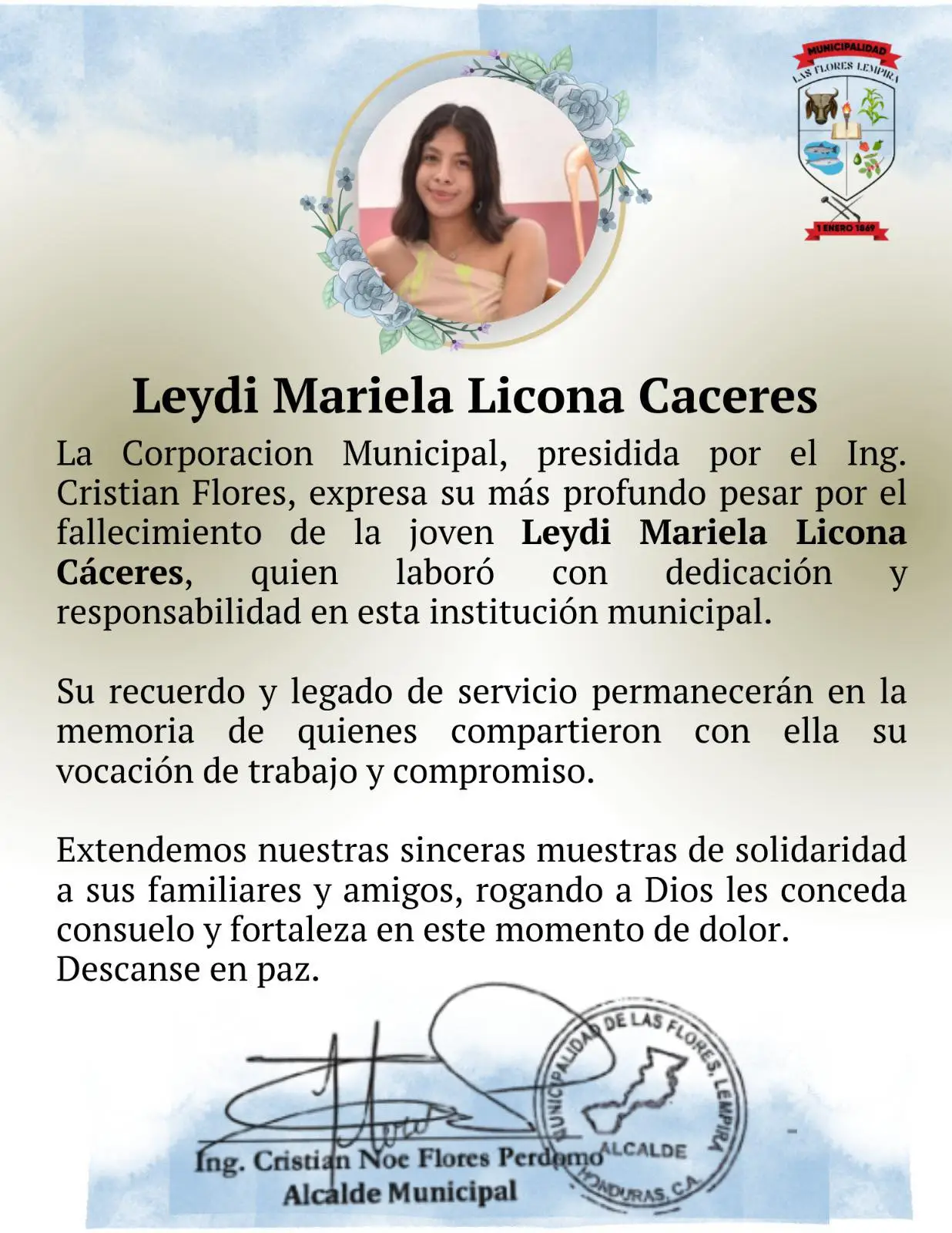 nota de duelo de Leydi, policía víctima de accidente en Lempira