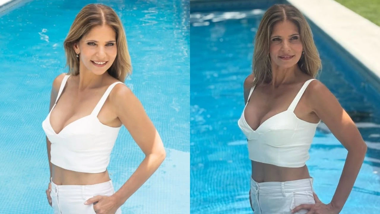 Viviana Semienchuk vestida con un conjunto blanco en una piscina.