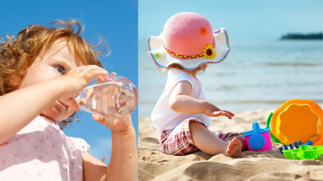 Niña tomando agua y otra bbe en la playa