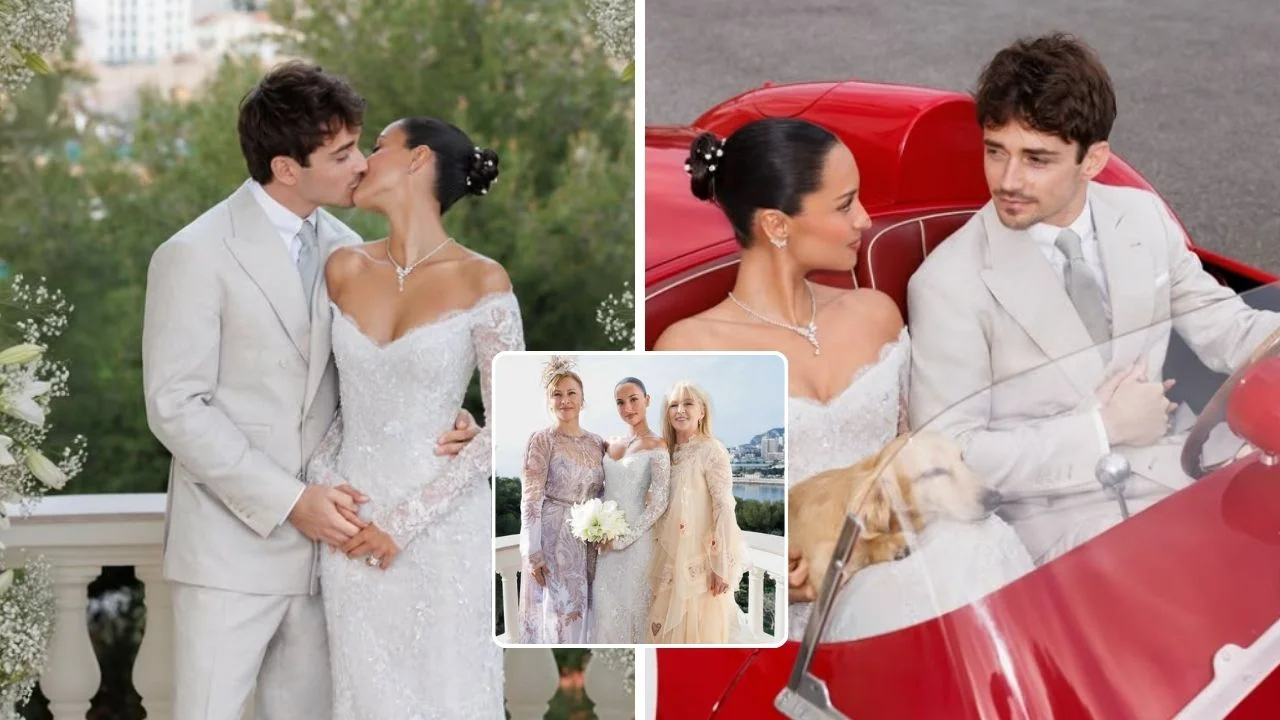 Collage de fotos de la boda de Alexandra y Charles Leclerc