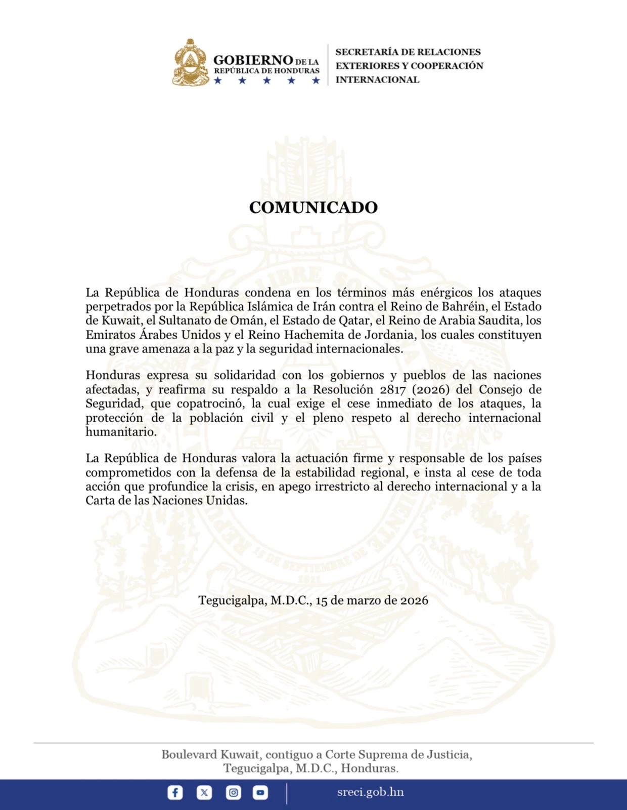 Comunicado emitido por las autoridades de Honduras.