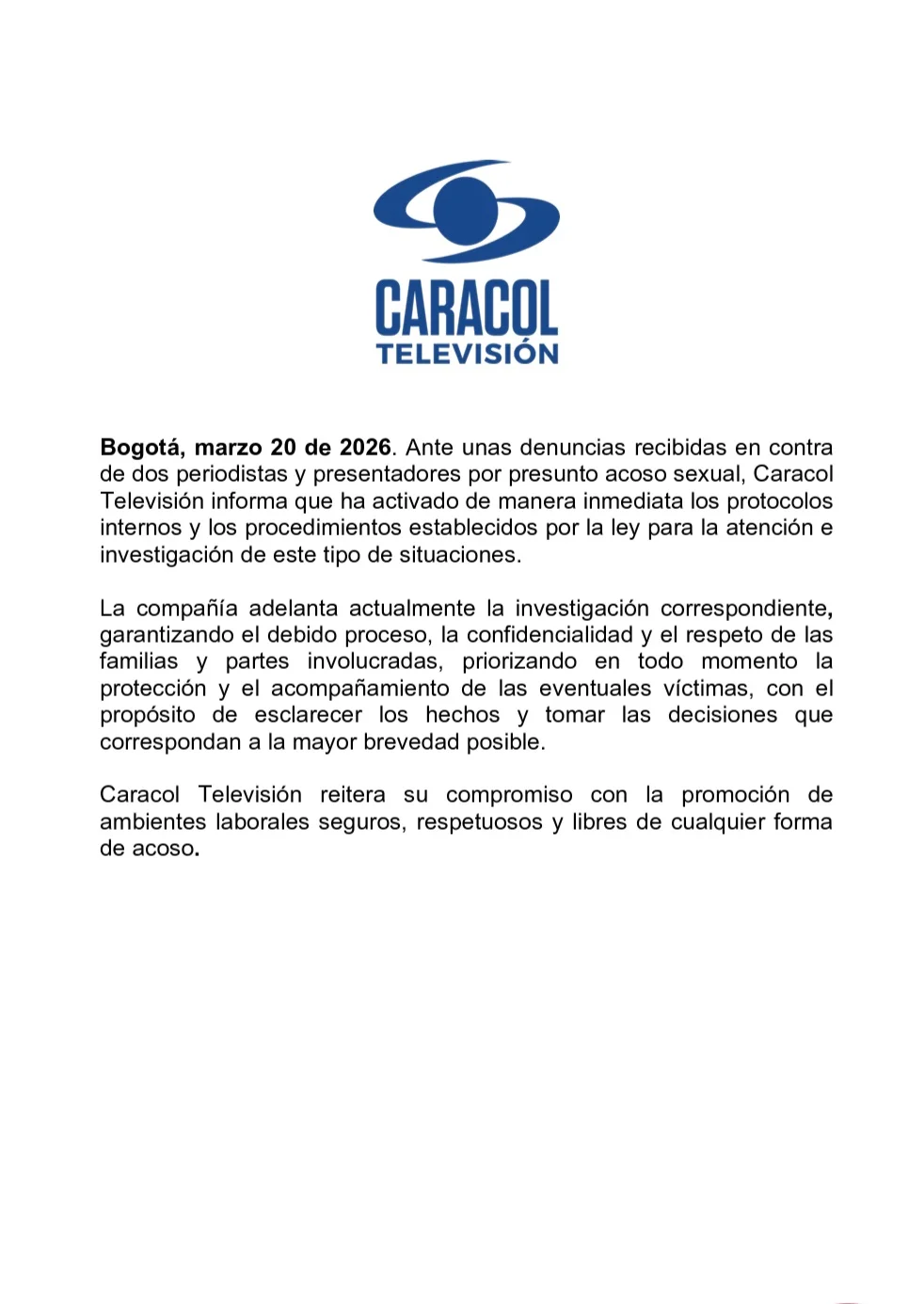 Comunicado emitido por Caracol Televisión.