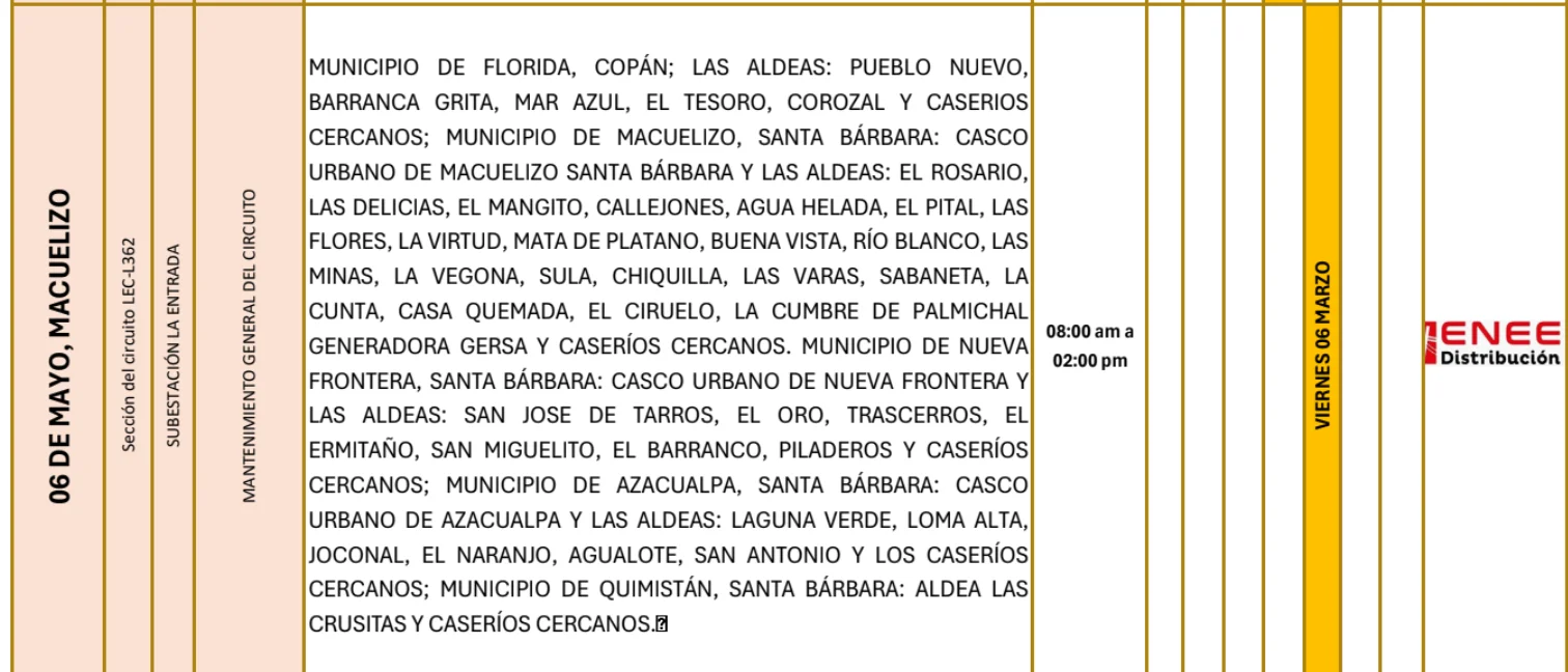 Foto de las Zonas de el 6 de Mayo y Macuelizo que estarán sin energía este viernes 6 de marzo de 2026, según la ENEE.