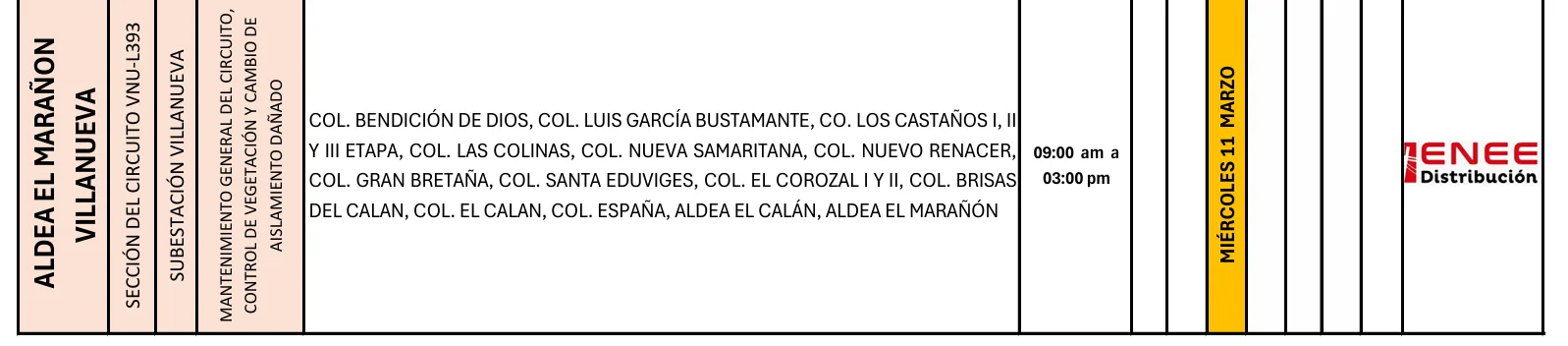 Foto de las Zonas de Aldea EL Marañon Villanueva que estarán sin energía este miércoles 11 de marzo de 2026, según la ENEE.