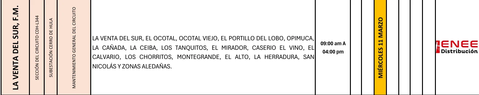 Foto de las Zonas de La Venta del Sur que estarán sin energía este miércoles 11 de marzo de 2026, según la ENEE.