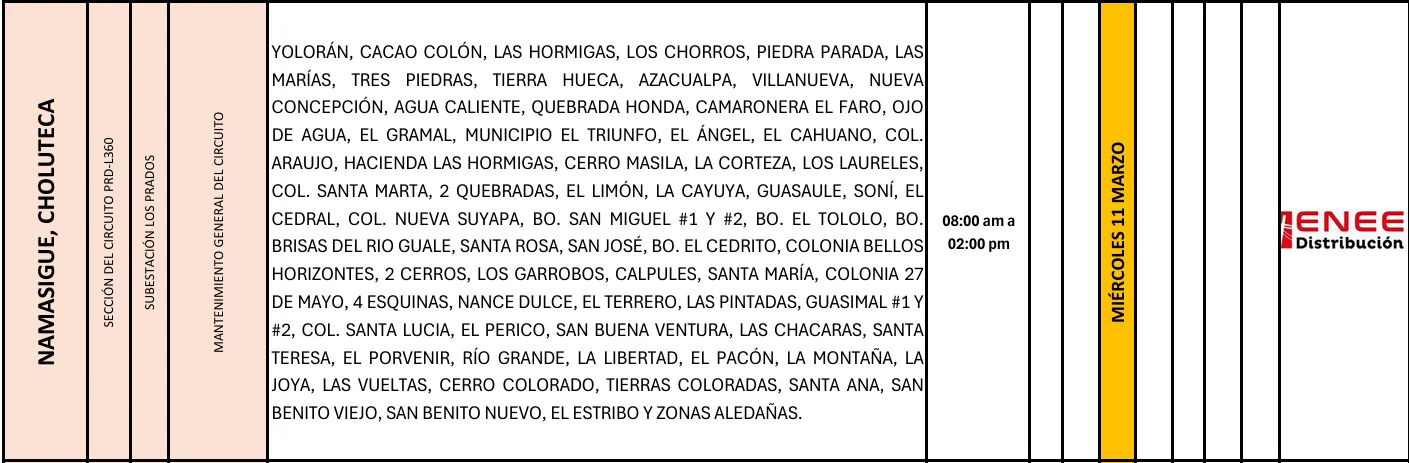 Foto de las Zonas de Namasigue, Choloteca que estarán sin energía este miércoles 11 de marzo de 2026, según la ENEE.