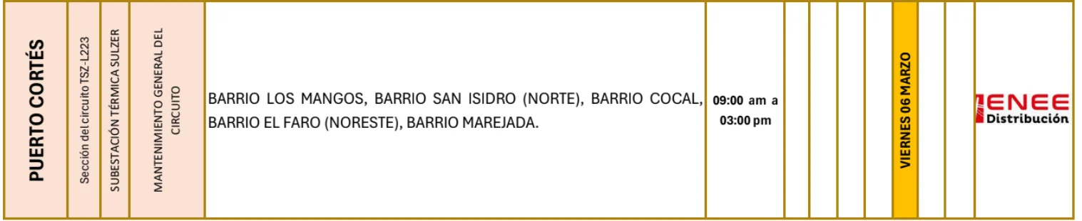 Foto de las Zonas de Puerto Cortés que estarán sin energía este viernes 6 de marzo de 2026, según la ENEE.