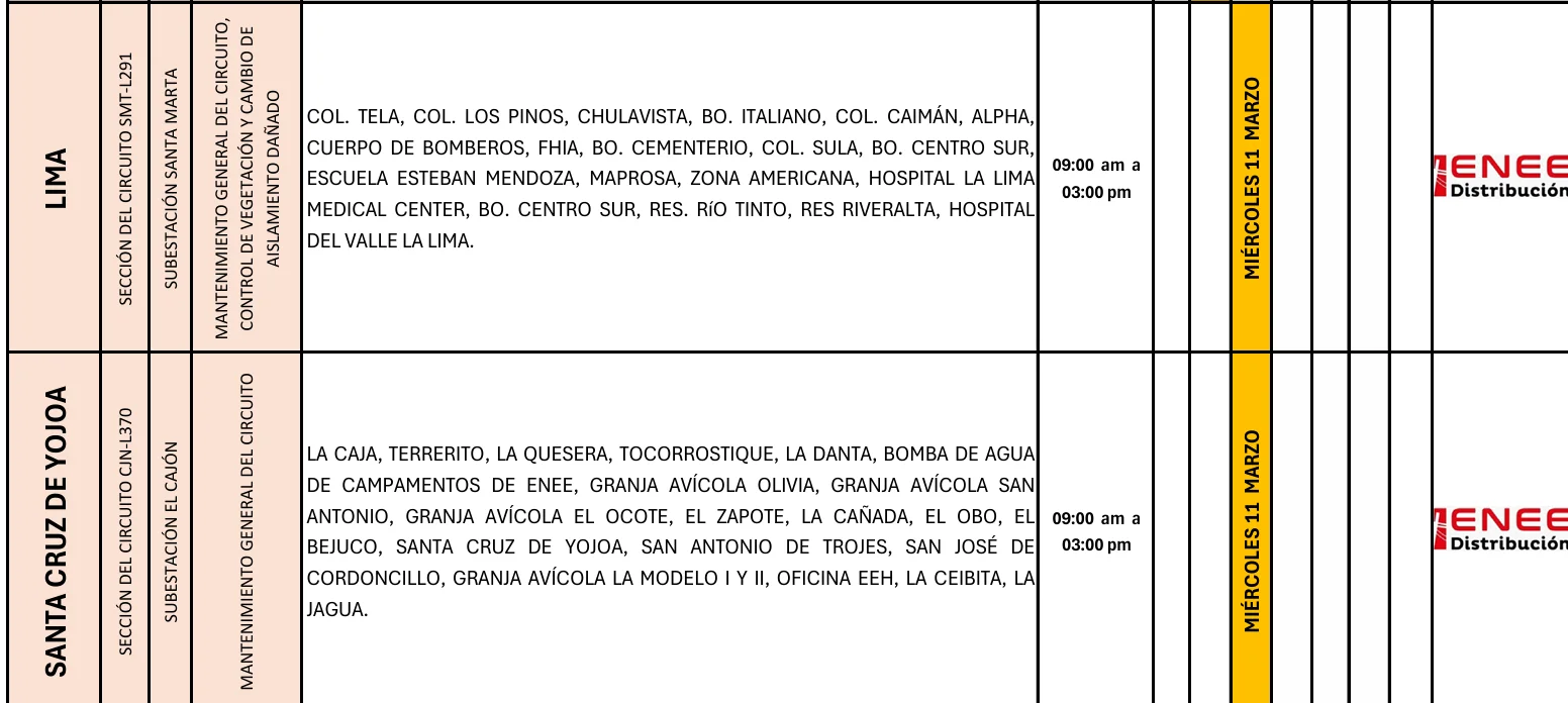 Foto de las Zonas de Santa Cruz de Yojoa y Lima que estarán sin energía este miércoles 11 de marzo de 2026, según la ENEE.
