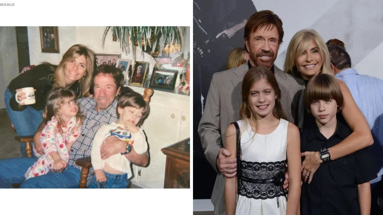 Collage de fotos de Chuck Norris junto a su esposa Gena y sus dos hijos, los gemelos .