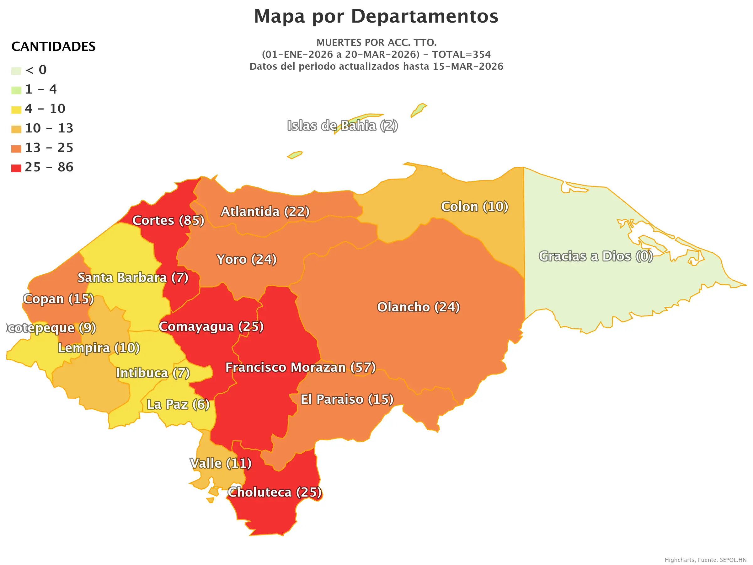 Mapa de muertes en accidentes de tránsito en Honduras
