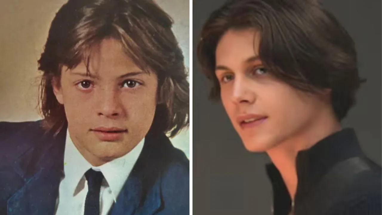 Collage de fotos: en el lado iziquierdo una imagen de Luis Miguel de adolescente y en el lado derecho una foto de Miguel Gallego hijo mayor de Aracely con Luis Miguel.
