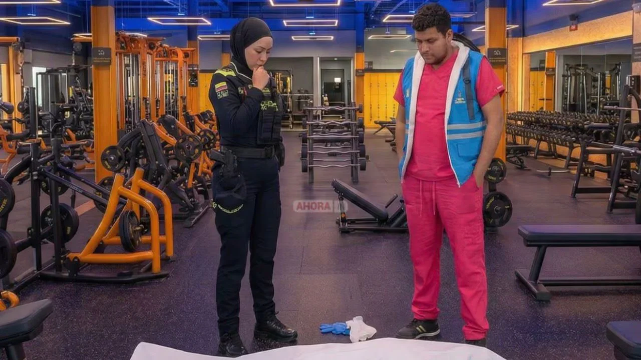 Autoridades frente a cadáver de mujer en gimnasio.