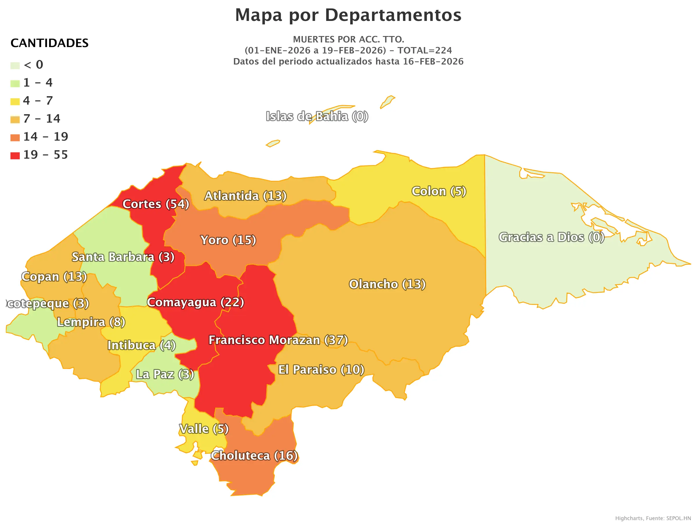 Mapa de muertes en accidentes de tránsito en Honduras