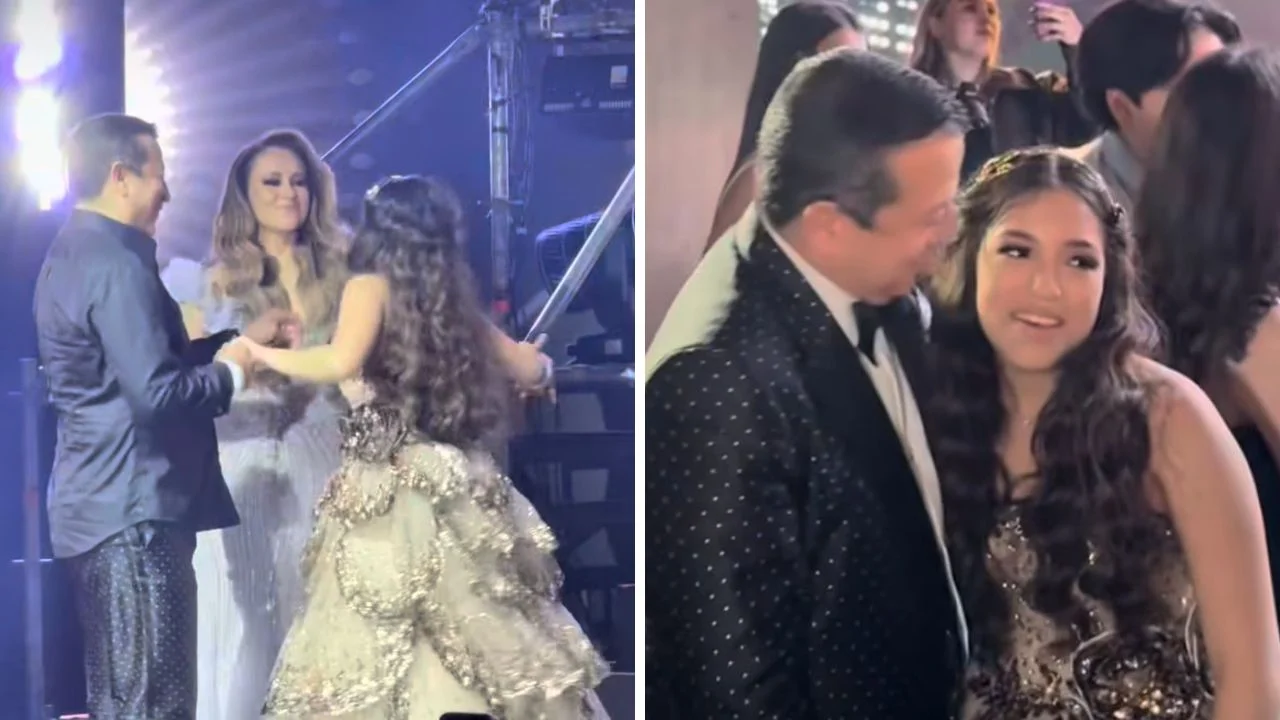 Foto de Mafer en su fiesta de XV junto a sus padres 