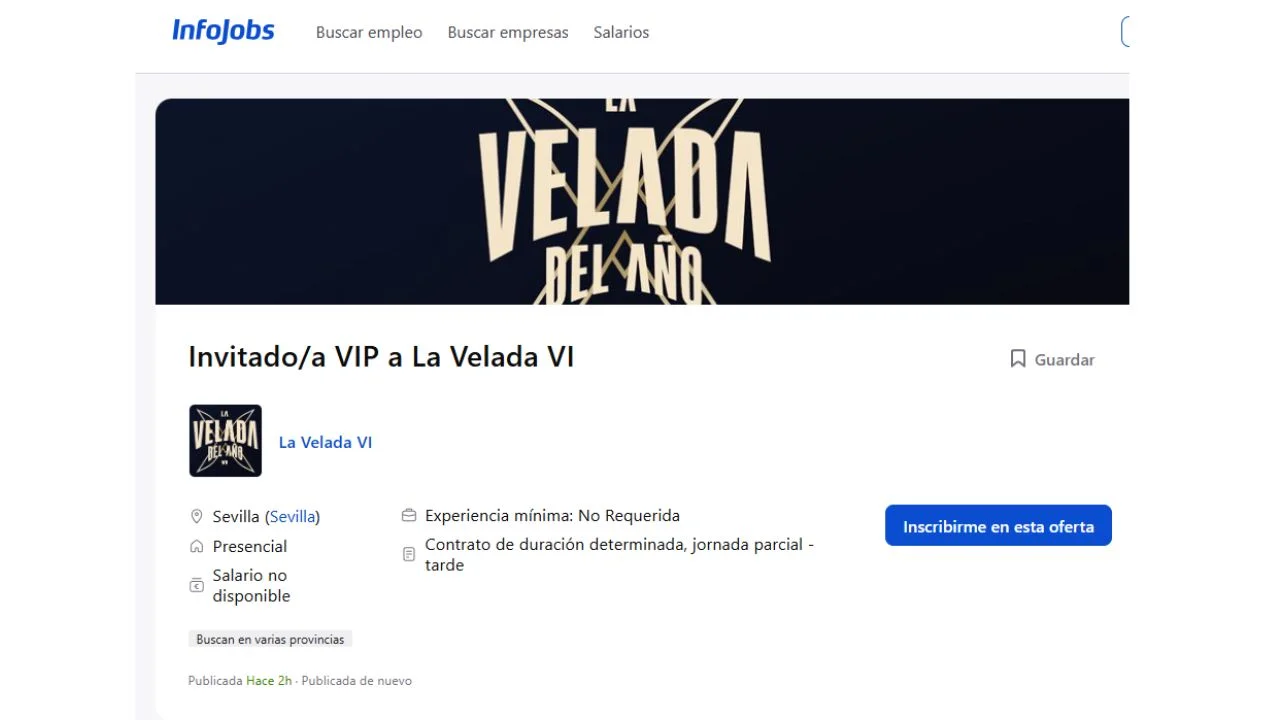 Captura de pantalla del trabajo de Infojobs para ir a la Velada del año 6