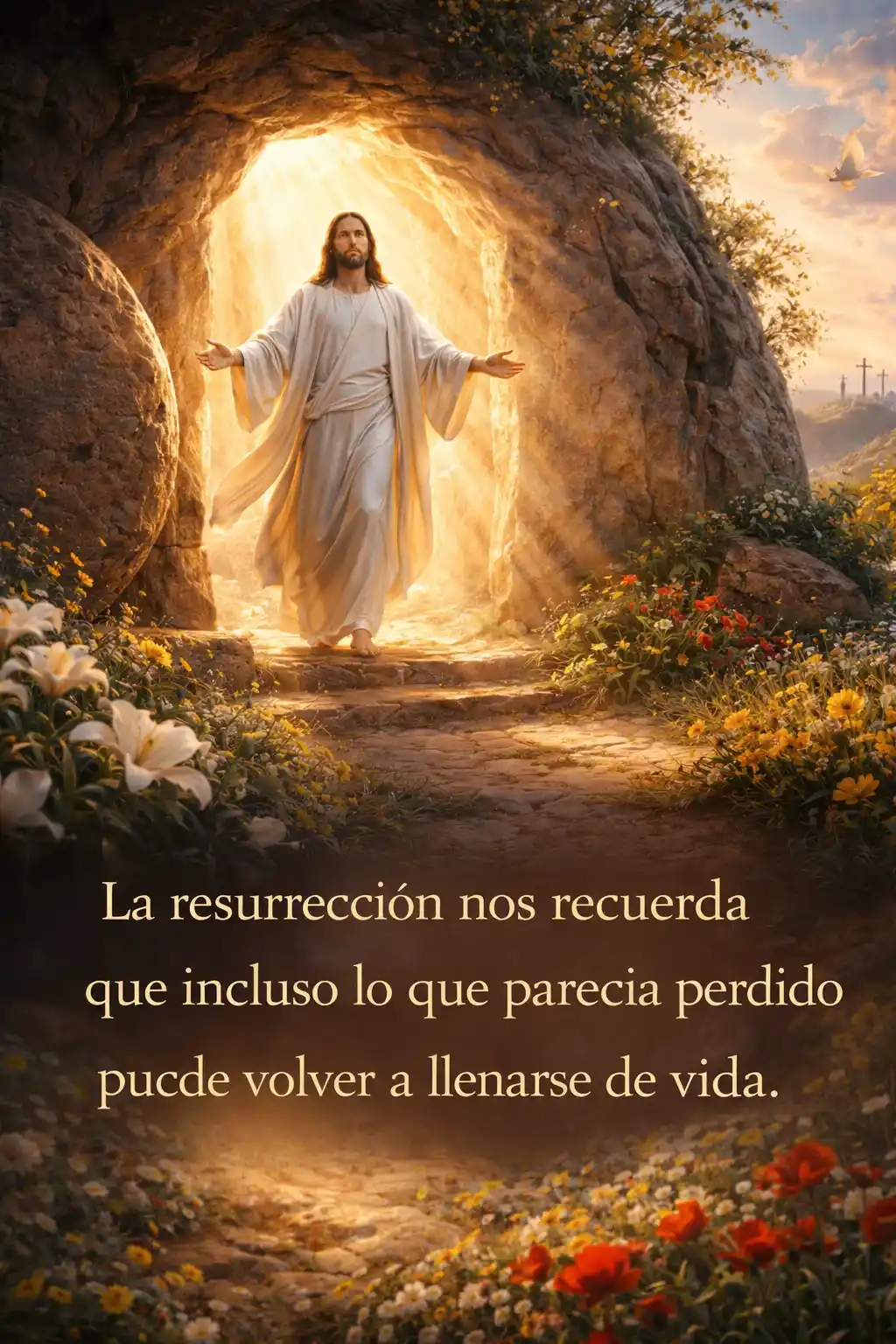 Jesús saliendo del sepulcro y un mensaje abajo sobre el Domingo de Resurrección 