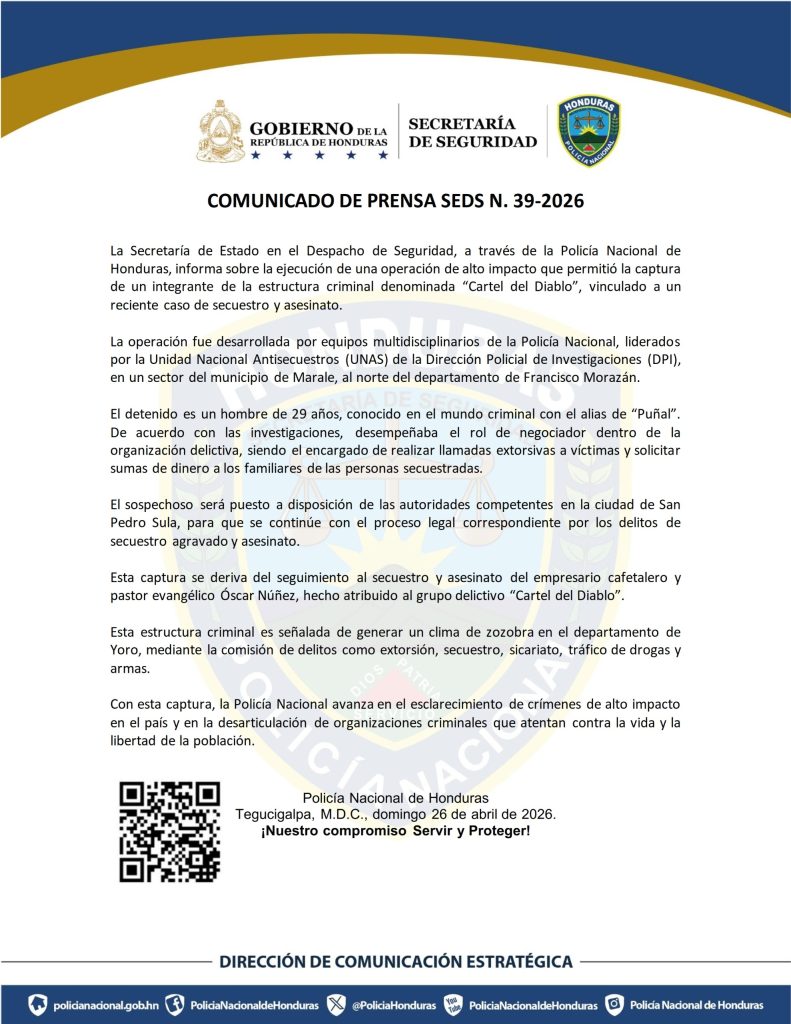 Comunicado de la Policia sobre la captura de alias 'Puñal'.