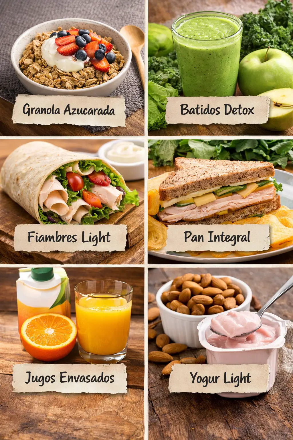 Alimentos como jugos envasados, pan integral y cereales poco saludables.
