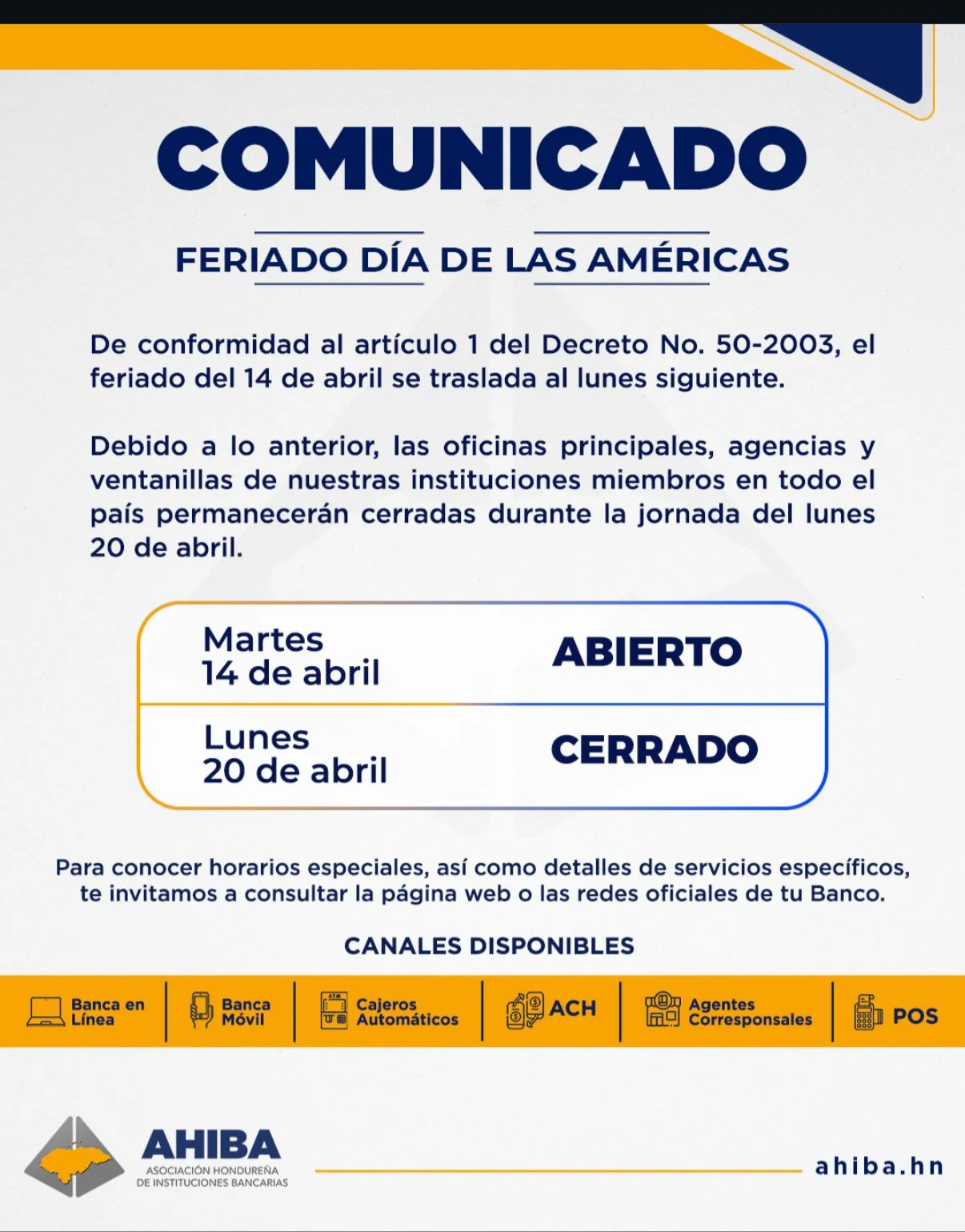 Foto del comunicado de AHIBA cierre de bancos 20 de abril en Honduras 