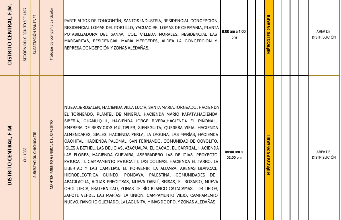 Foto de las Zonas de el Distrito Central que estarán sin energía este miércoles 29 de abril, según la ENEE.