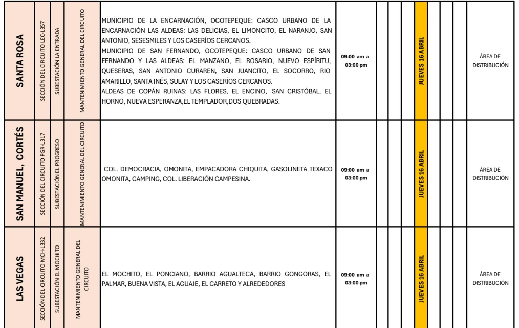Foto de las Zonas de Las Vegas San Manuel, Cortés y Santa Rosa que estarán sin energía este jueves 16 de abril, según la ENEE.