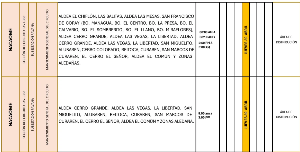 Foto de las Zonas de Nacaome que estarán sin energía este jueves 30 de abril, según la ENEE.