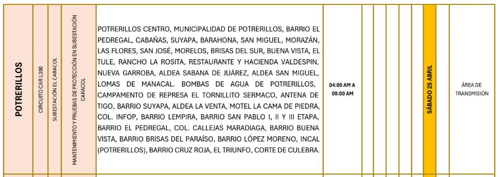 Foto de las Zonas de Potrerillos que estarán sin energía este sábado 24 de abril de 2026, según la ENEE.
