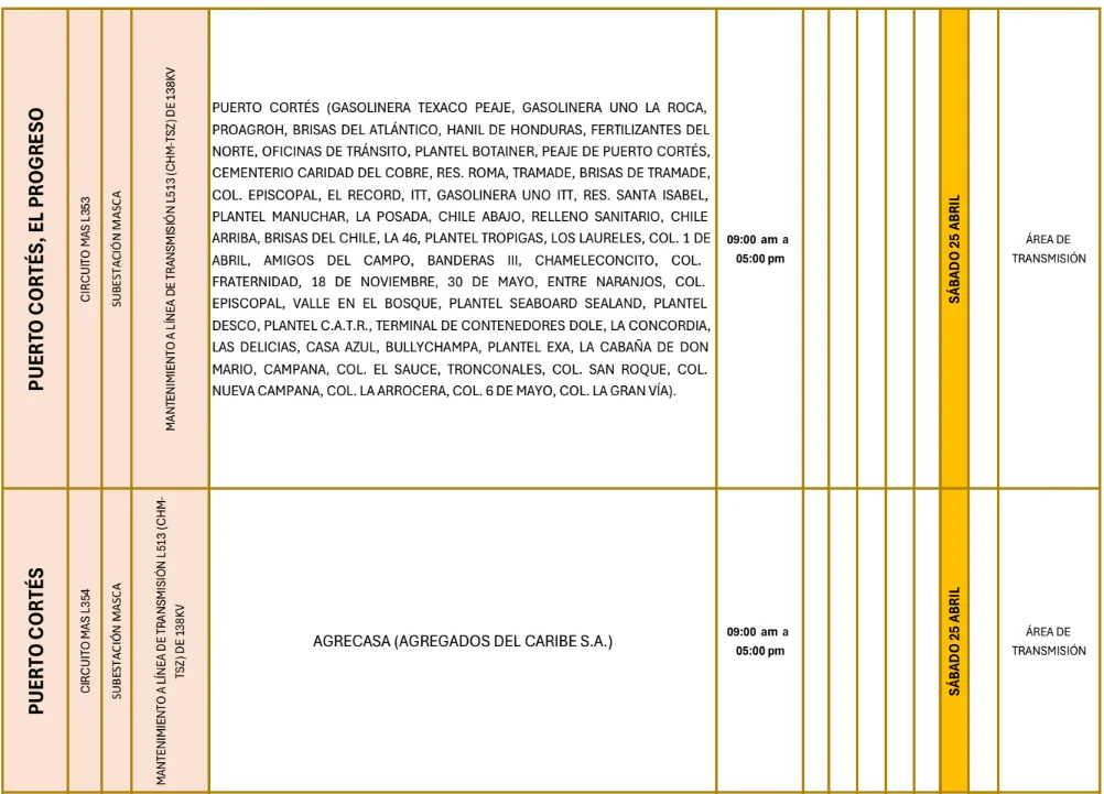 Foto de las Zonas de Puerto Cortés, El Progreso que estarán sin energía este sábado 24 de abril de 2026, según la ENEE.