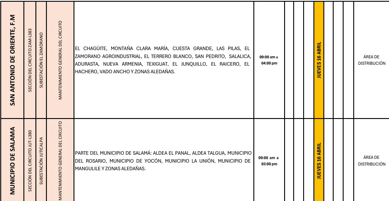 Foto de Zonas del municipio de Salama y San Antonio de Oriente que estarán sin energía este jueves 16 de abril, según la ENEE.