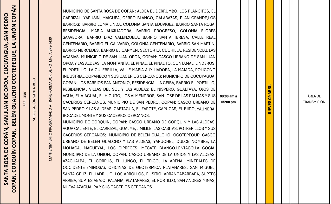 Foto de las Zonas de Santa Rosa de Copan, San Juan de Copoa y alrededores que estarán sin energía este jueves 9 de abril, según la ENEE.