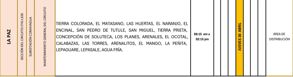 Foto de las Zonas de La Paz que estarán sin energía este jueves 30 de abril, según la ENEE.