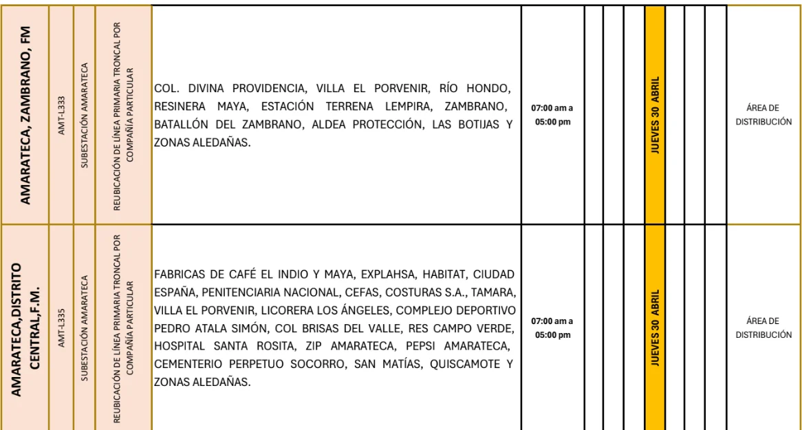 Foto de las Zonas de Amarateca, Zambrano que estarán sin energía este jueves 30 de abril, según la ENEE.