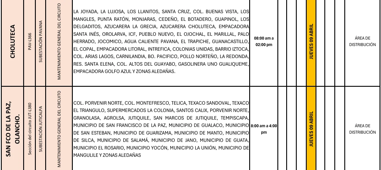 Foto de las Zonas de San Francisco y Olancho que estarán sin energía, según la ENEE. 