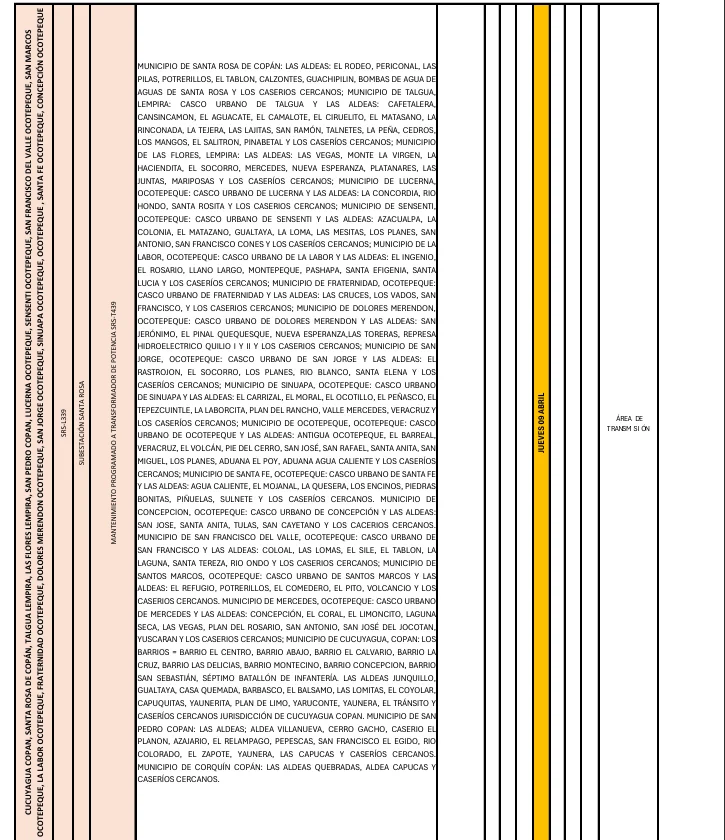 Foto de las Zonas de Cucuyagua, Copán, Santa Rosa de Copan, Talgua, Lempira y alrededores que estarán sin energía este jueves 9 de abril, según la ENEE.