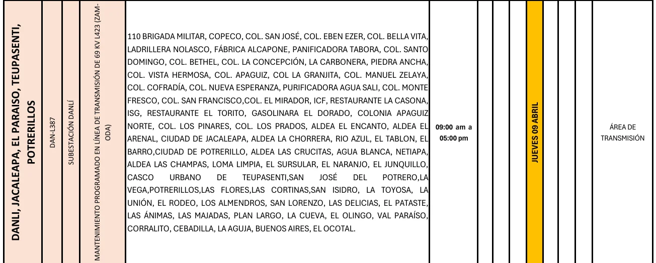 Foto de las Zonas de Danli, Jacalepa y alrededores que estarán sin energía este jueves 9 de abril, según la ENEE.