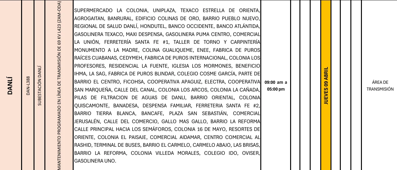 Foto de las Zonas de Danli que estarán sin energía este jueves 9 de abril, según la ENEE.