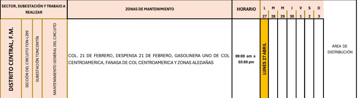 Foto de las Zonas de el Distrito Central que estarán sin energía este lunes 27 de abril de 2026, según la ENEE.