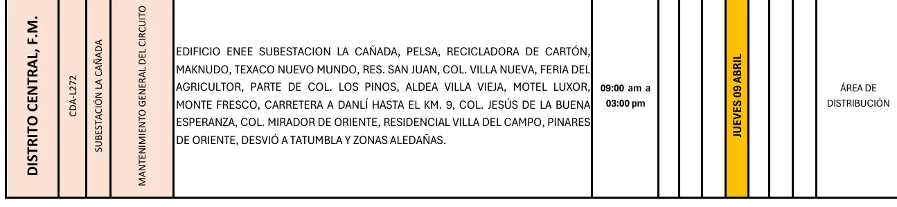 Foto de las Zonas del Distrito Central que estarán sin energía este jueves 9 de abril, según la ENEE.